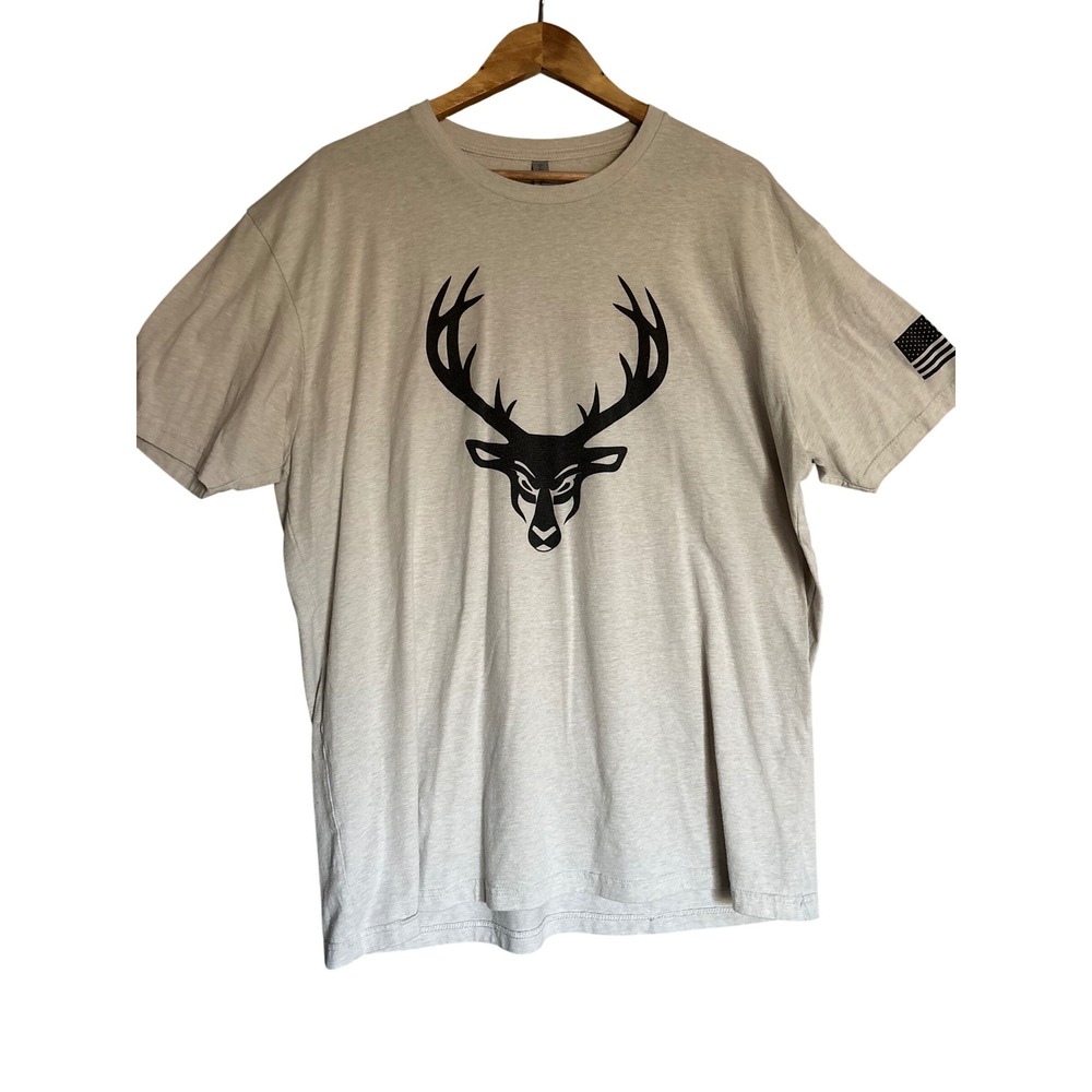 Bucked Up Deer Head T Shirt Mens XXL Beige Graphic Tee USA Flag Outdoor‎ Hunting